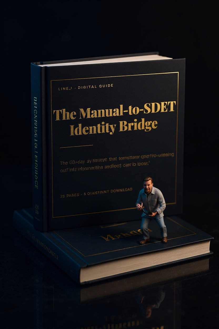 The Manual-to-SDET Identity Bridge &mdash; 3D book render with curious micro explorer standing on cover